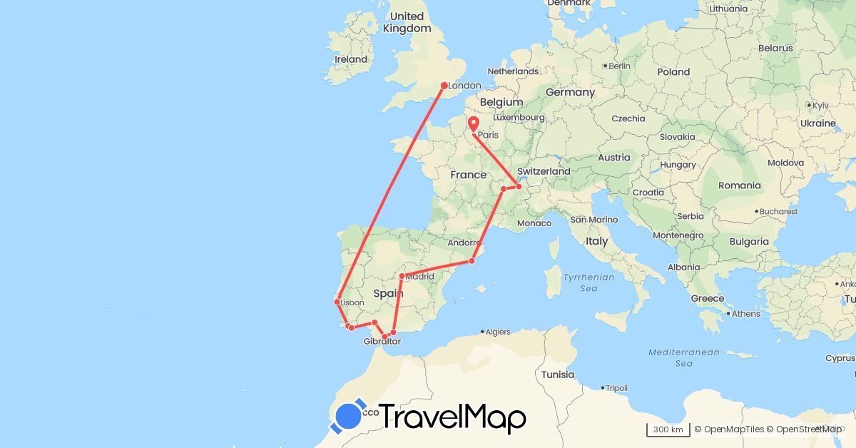 TravelMap itinerary: driving, hiking in Spain, France, United Kingdom, Portugal (Europe)